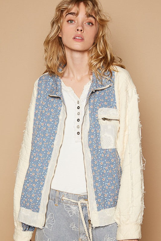 POL Floral Patchwork Zip Up Long Sleeve Jacket Cream