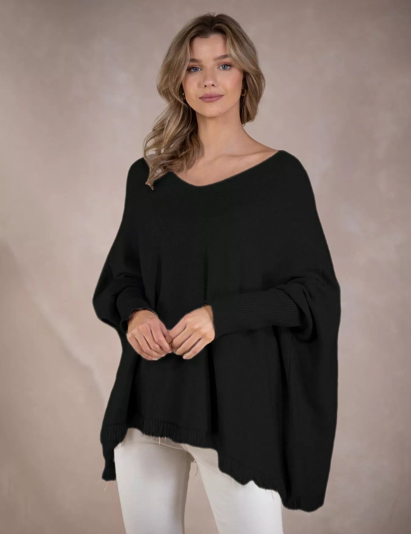 Black One Size Raw Hem V-Neck Sweater | Sweaters Daverri Fashions