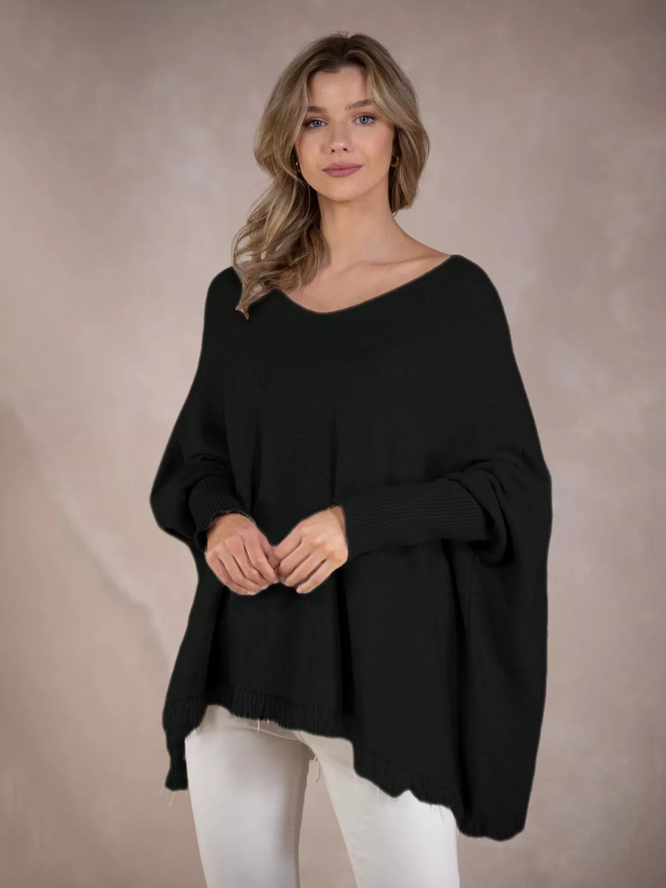 Black One Size Raw Hem V-Neck Sweater | Sweaters Daverri Fashions