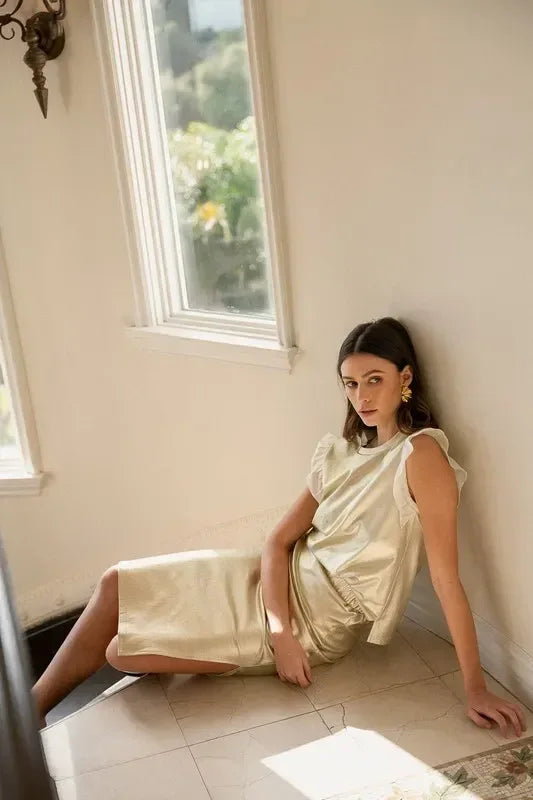 Annie Wear Mix Media Metallic Knit Ruffle Sleeve Top - DAVERRI FASHIONS