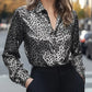 Sleek leopard button-up long sleeve shirt in silver black print