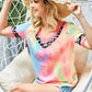 BiBi Rainbow Tie-Dye Leopard Trim V-Neck T-Shirt - DAVERRI FASHIONS