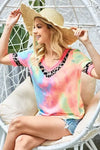 BiBi Rainbow Tie-Dye Leopard Trim V-Neck T-Shirt - DAVERRI FASHIONS