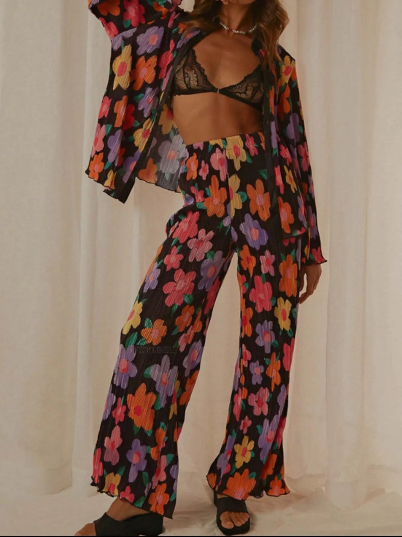Printed Button Up Shirt and Pants Set | Loungewear Sets Daverri Fashions