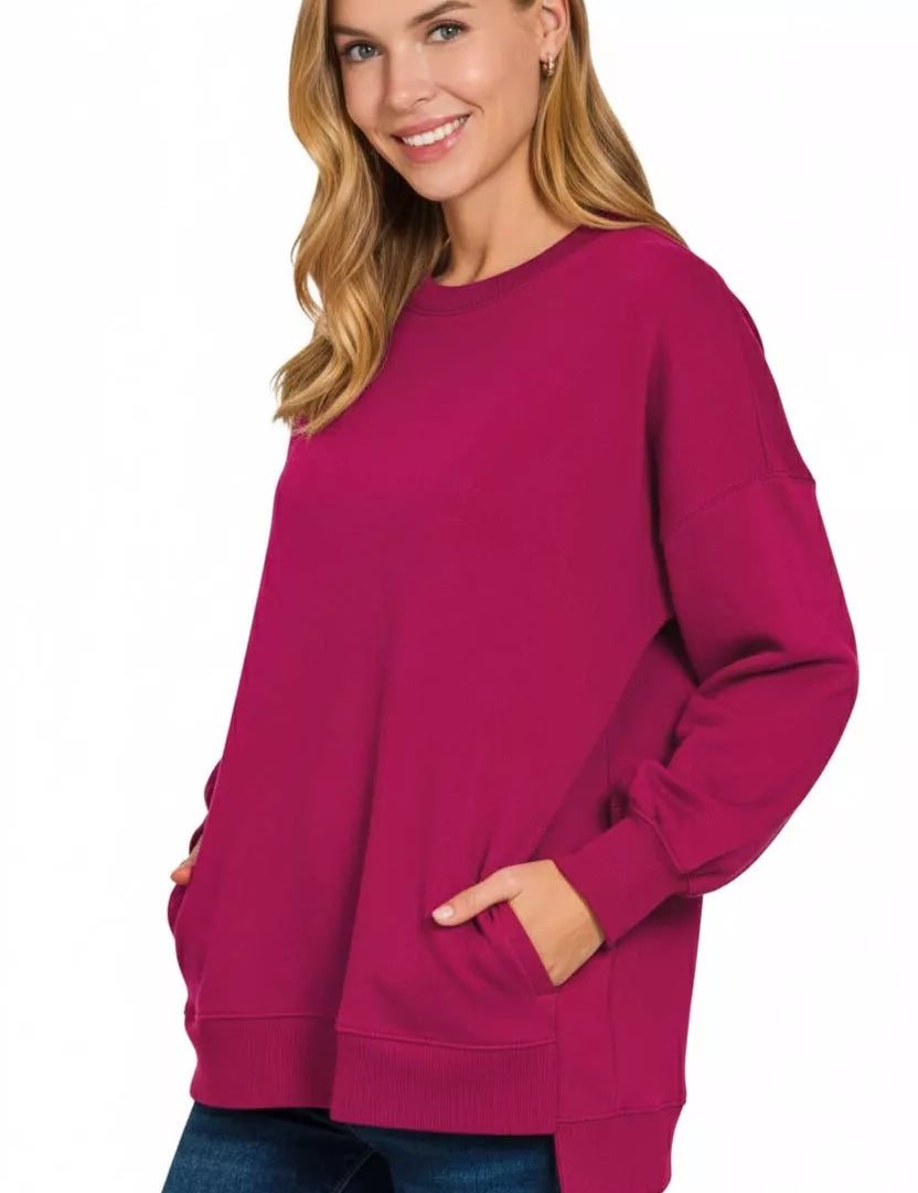 Zenana Fleece Hi-low Boyfriend Sweatshirts with Pockets | Sweatshirts Daverri Fashions