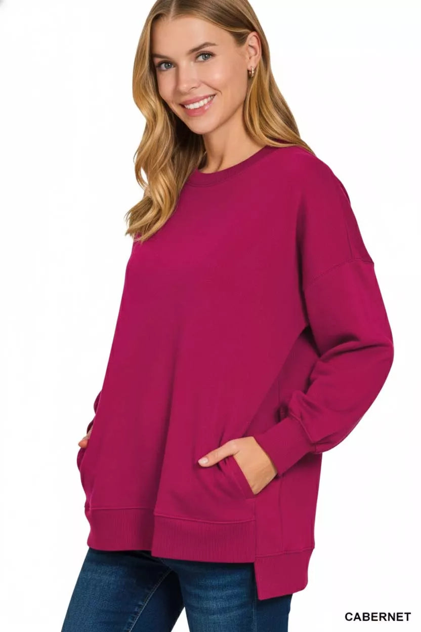 Zenana Fleece Hi-low Boyfriend Sweatshirts with Pockets | Sweatshirts Daverri Fashions