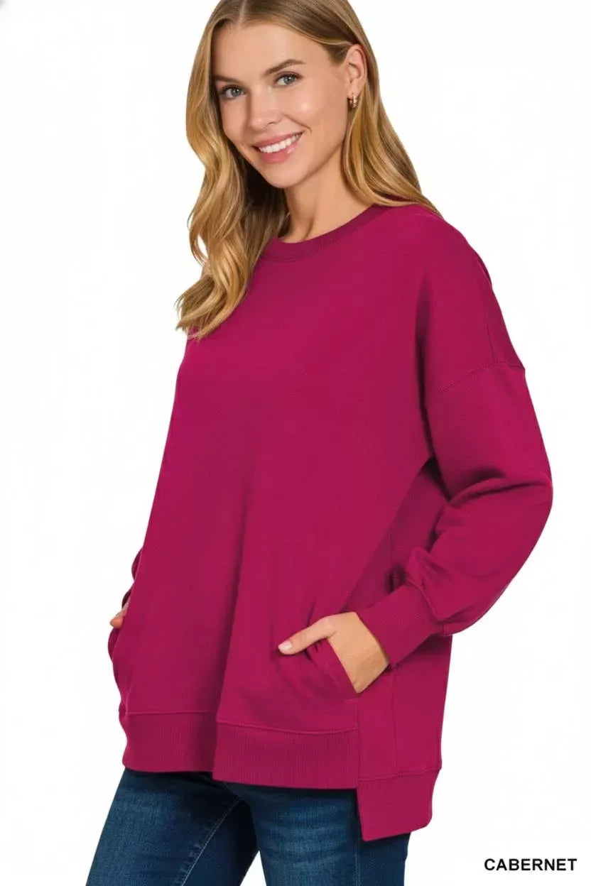 Zenana Fleece Hi-low Boyfriend Sweatshirts with Pockets - DAVERRI FASHIONS