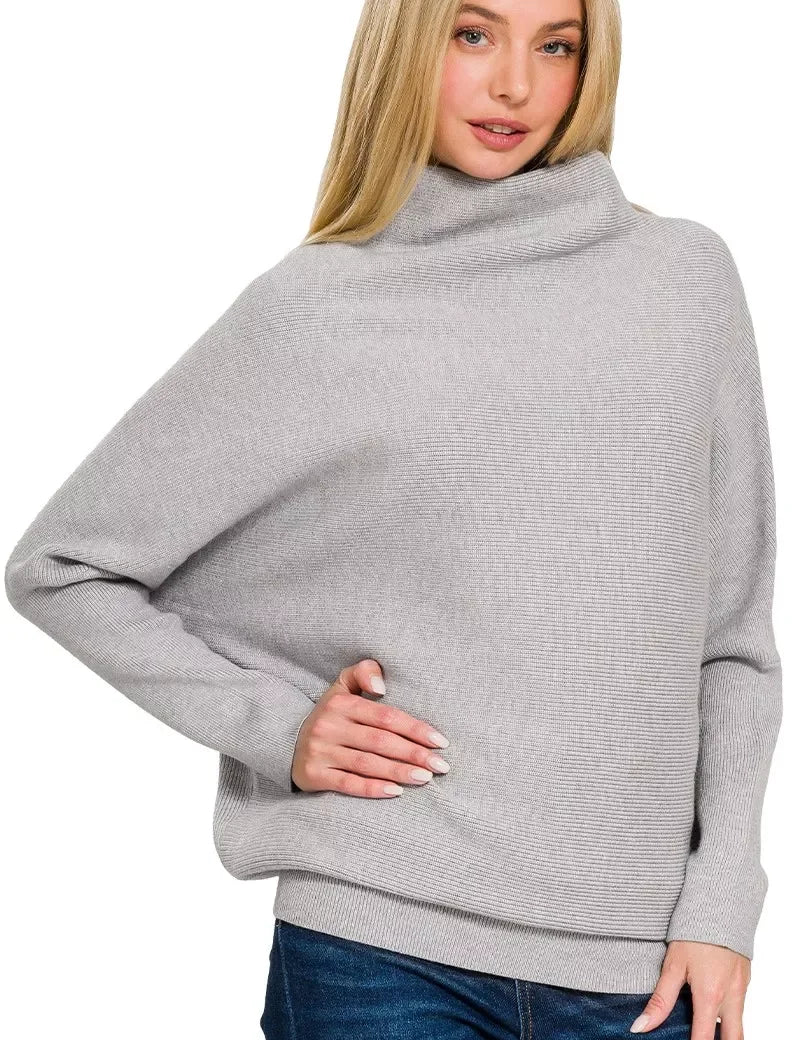 Grey Zenana viscose dolman sleeve cowl neck sweater