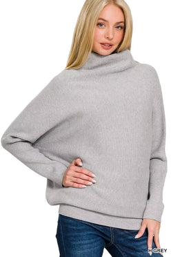 Grey Zenana viscose dolman sleeve cowl neck sweater