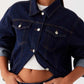 Daverri cropped oversized denim jacket in dark blue with white buttons and rolled sleeves
