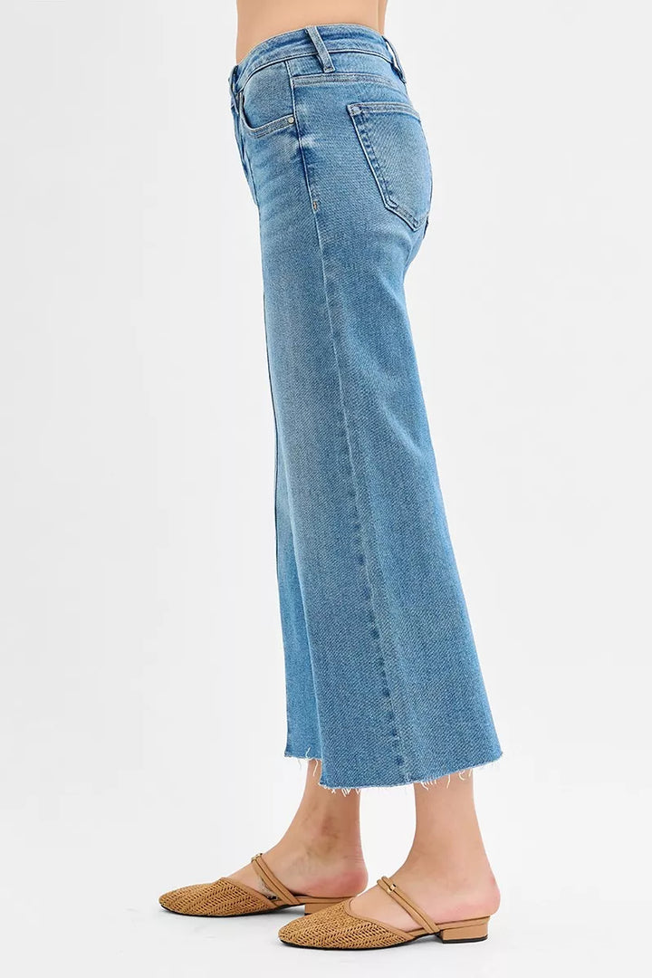 RISEN Tummy Control Mid Rise Crop Wide Front Slit Jeans | Jeans Daverri Fashions