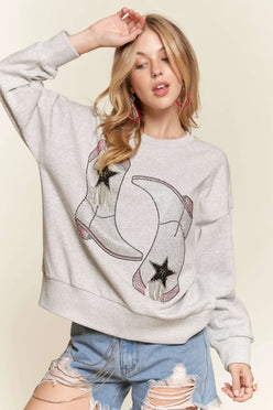 ADORA Rhinestone Accent Casual Sweatshirt - DAVERRI FASHIONS