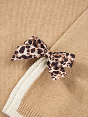 Leopard Bow Decor Split Cuff Contrast Trim Sweater | Sweaters Daverri Fashions