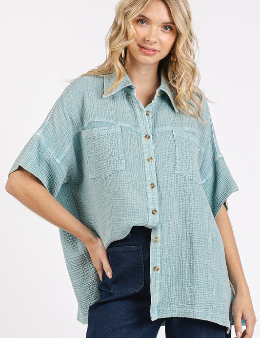 Mittoshop Mineral Wash Gauze Oversized Short Sleeve Shirt Seafoam