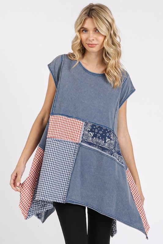 Mittoshop Patchwork Mineral Washed Round Neck Cap Sleeve Top NAVY