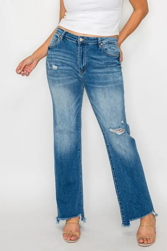 bytos Full Size Raw Hem Distressed Mid Rise Straight Jeans | Jeans Daverri Fashions