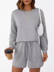 Round Neck Long Sleeve Top and Shorts Set | Loungewear Sets Daverri Fashions