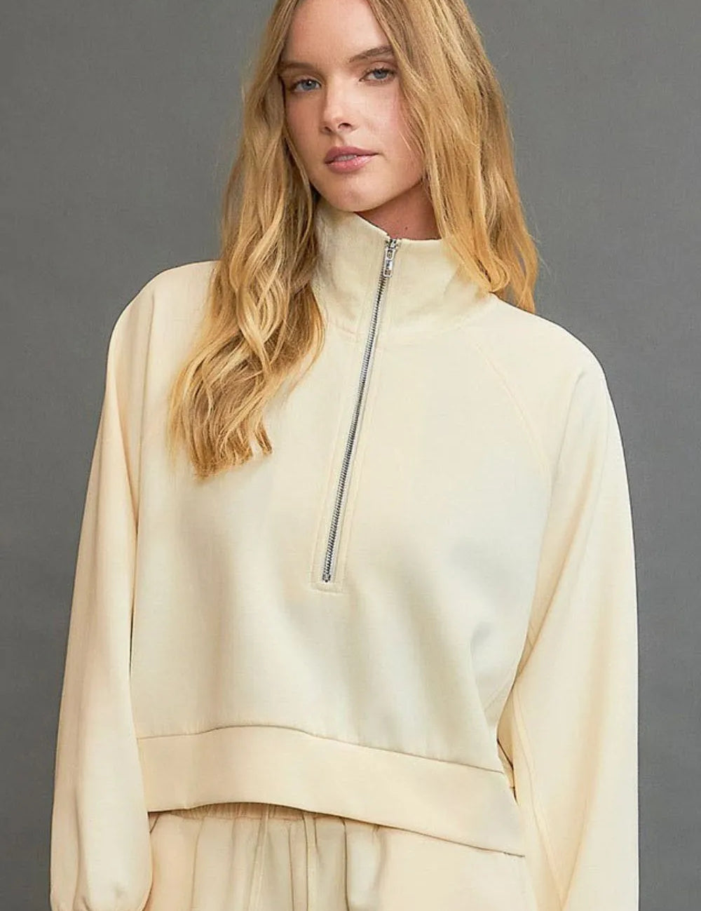 Pastel Yellow Umgee Full Size Half Zip Cropped Sweatshirt Plus Size | Daverri Fashions