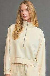Pastel Yellow Umgee Full Size Half Zip Cropped Sweatshirt Plus Size | Daverri Fashions