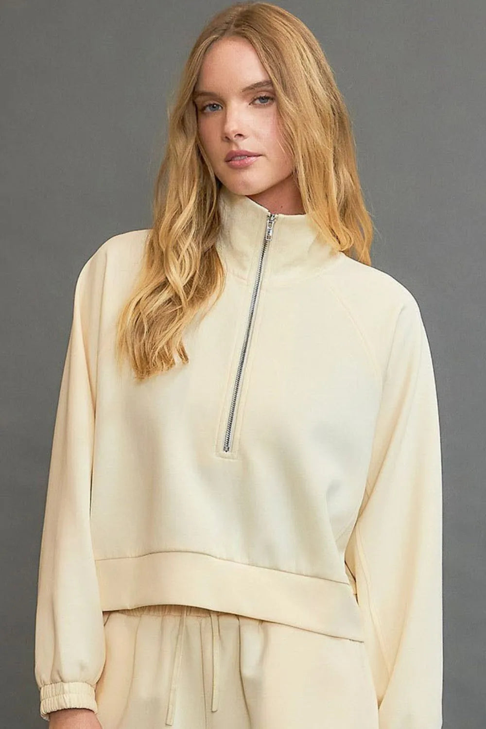 Umgee Full Size Half Zip Cropped Sweatshirt Plus Size Pastel Yellow