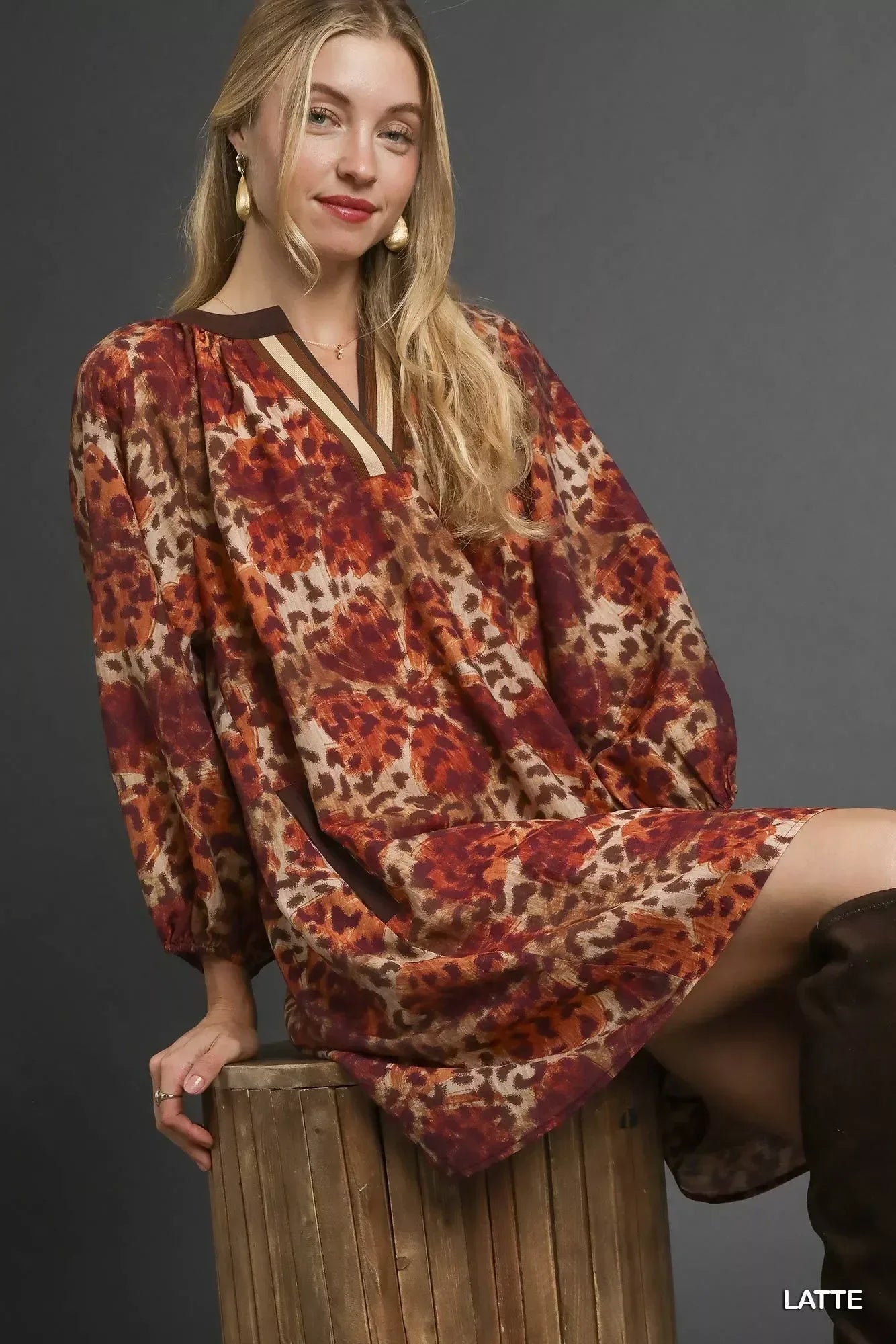 Umgee Animal Print Boho Tunic Dress with Contrast Trim Detail - DAVERRI FASHIONS