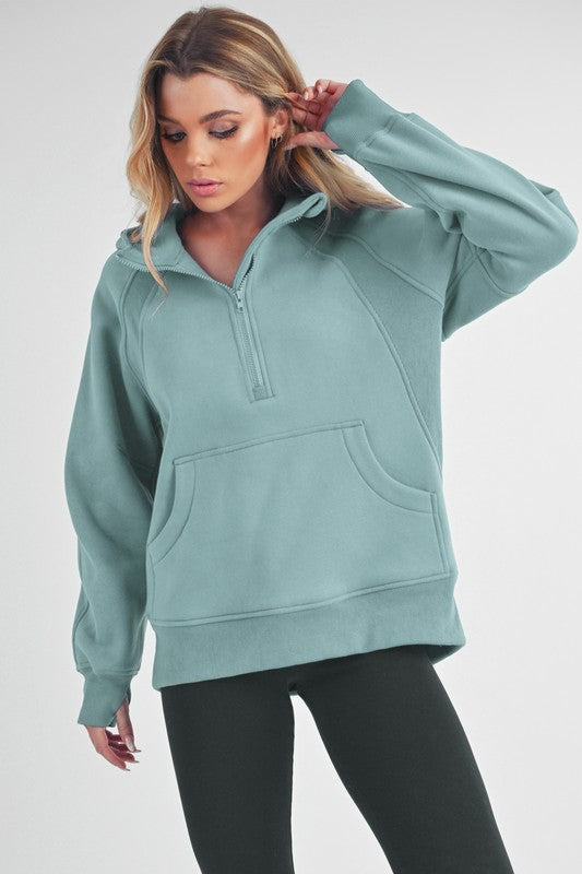 Aemi+Co Half Zip Raglan Sleeve Sweatshirt with Kangaroo Pocket Teal Sweatshirts