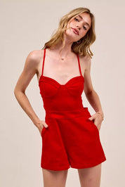 SO ME Fitted Open Back Game Day Romper with Lace Up Deta | Rompers Daverri Fashions