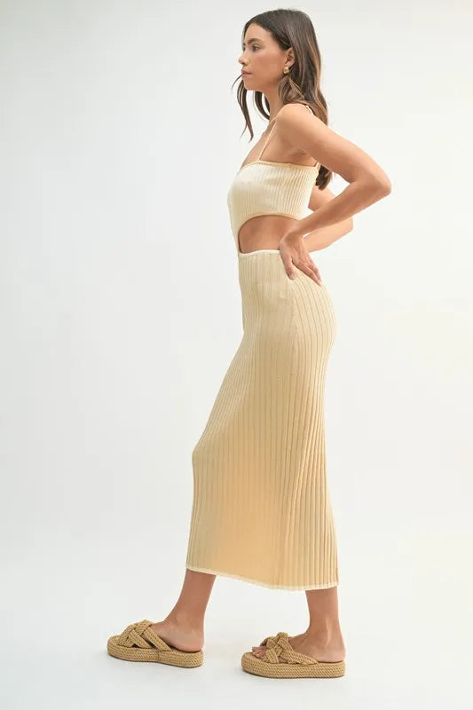 MABLE Ribbed Knit Color Block Cutout Midi Dress