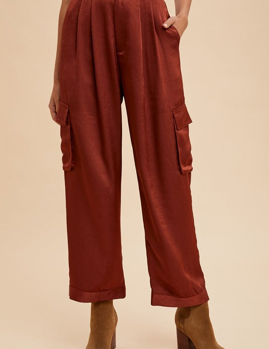 Anniewear Wide Leg Cargo Satin Pants Burgundy Bottoms