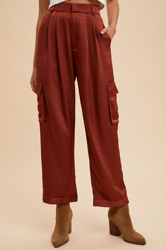 Anniewear Wide Leg Cargo Satin Pants Burgundy Bottoms