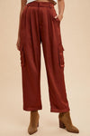 Maroon satin cargo pants with pockets and high waistband