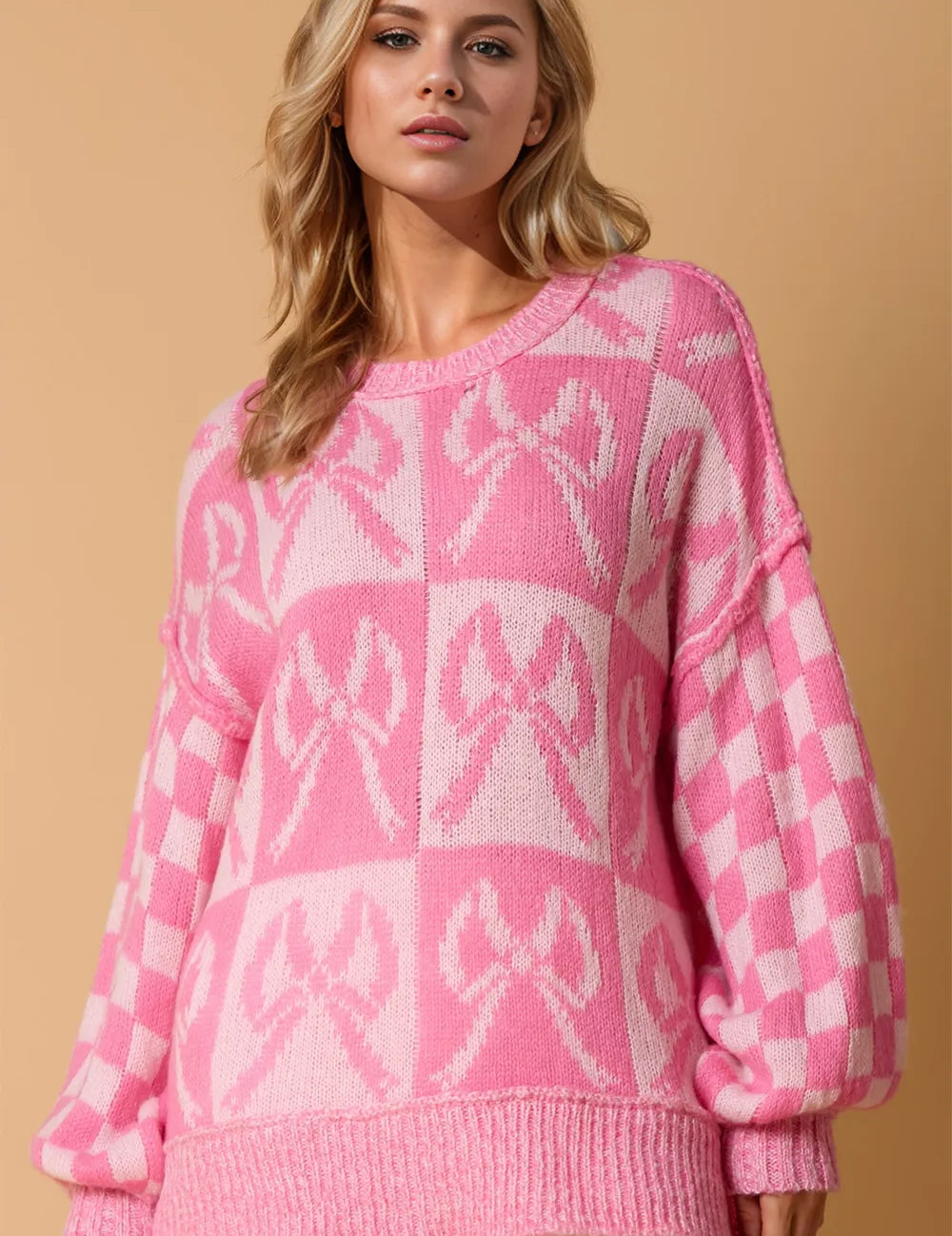 Pink Double Take Full Size Checkered Bow Contrast Long Sleeve Sweater | Sweaters Daverri Fashions