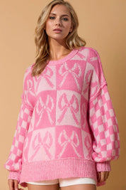 Pink Double Take Full Size Checkered Bow Contrast Long Sleeve Sweater | Sweaters Daverri Fashions