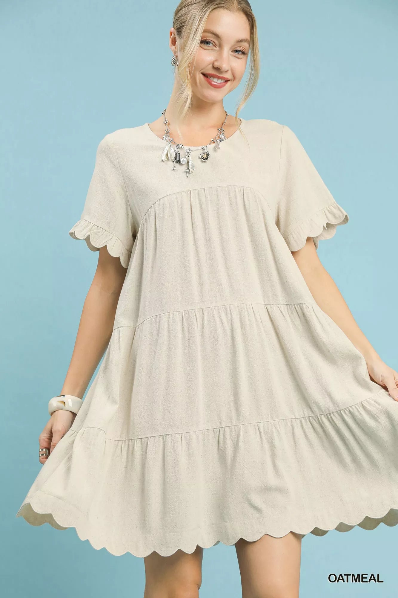 Umgee linen tiered babydoll dress in oatmeal with ruffle sleeves