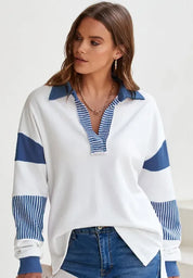 Daverri Fashions Color Block Johnny Collar Long Sleeve Sweatshirt - DAVERRI FASHIONS