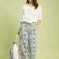 Umgee white linen-blend wide-leg pants with blue leaf print
