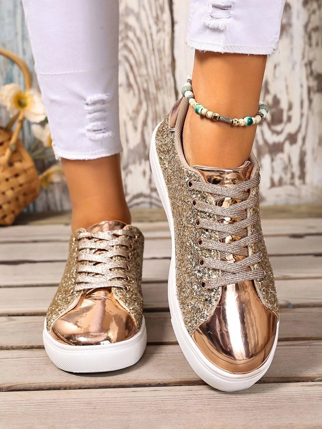 Gold Sequin Lace Up Sneakers | Sneakers Daverri Fashions