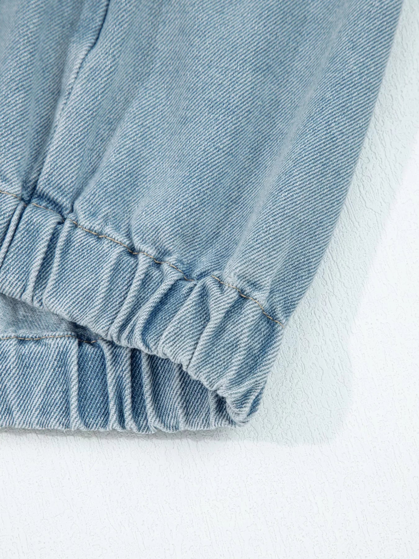 Elastic Edge Collared Zip Up Denim Jacket With Pocket | Denim Jackets Daverri Fashions