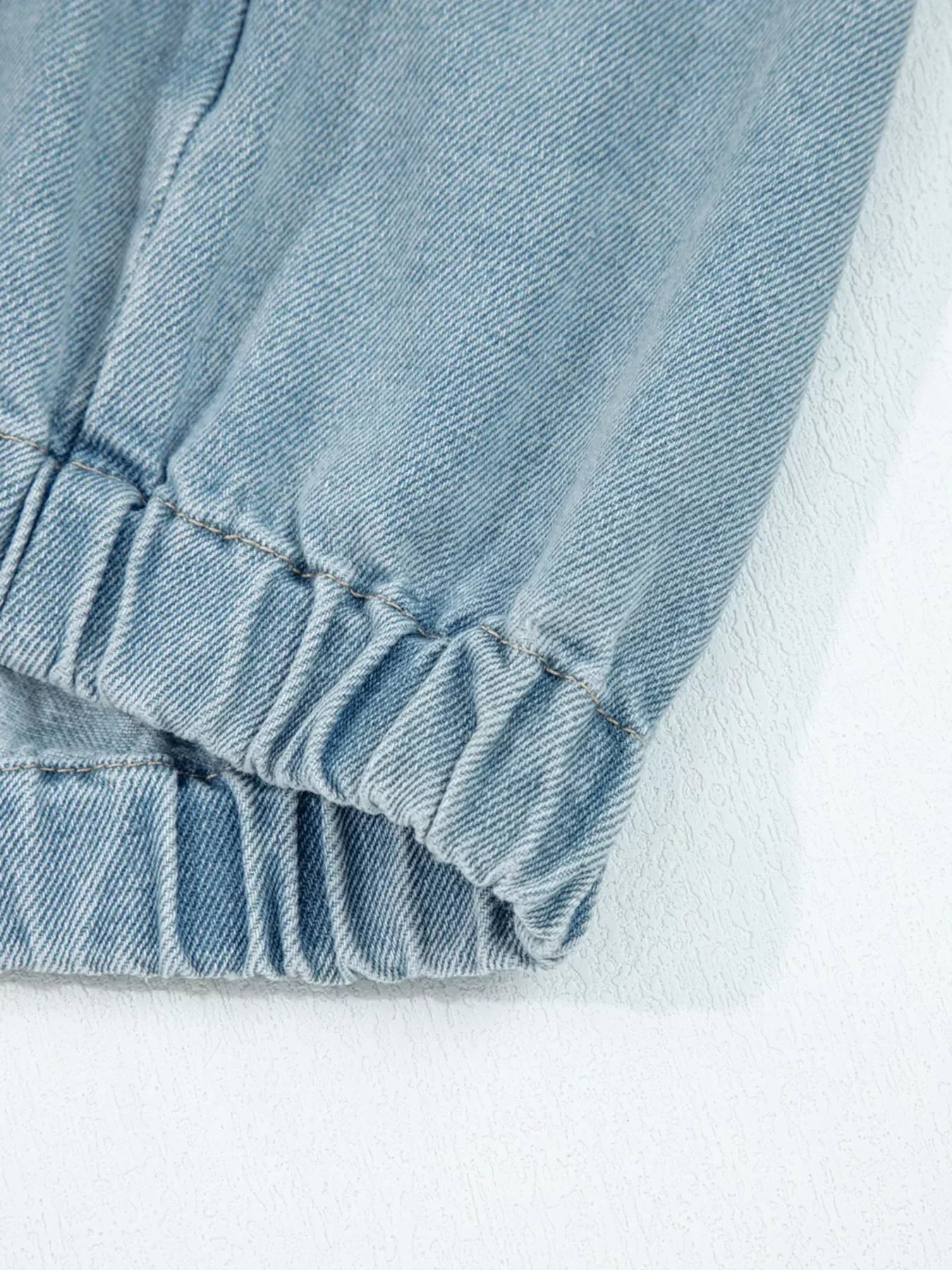 Elastic Edge Collared Zip Up Denim Jacket With Pocket - DAVERRI FASHIONS