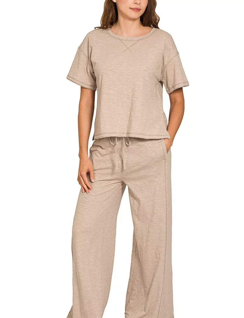 ASH MOCHA Zenana Cotton Slub Short Sleeve Tee and Pants Set | Daverri Fashions
