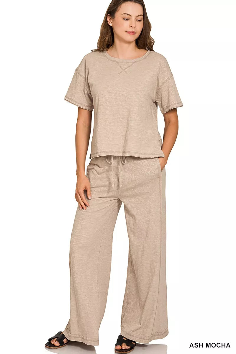 ASH MOCHA Zenana Cotton Slub Short Sleeve Tee and Pants Set | Daverri Fashions