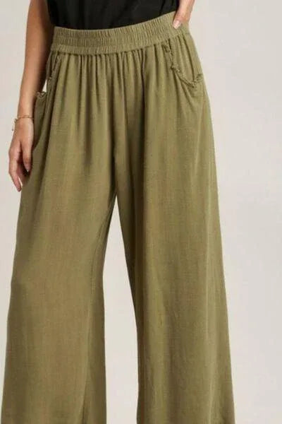 Umgee Full Size Linen Blend Elastic Waistband Wide Leg Pants Plus Size - DAVERRI FASHIONS