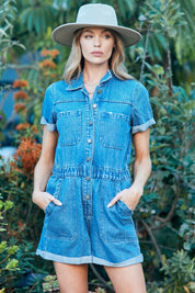 Veveret Elastic Waistband Denim Romper | Rompers Daverri Fashions
