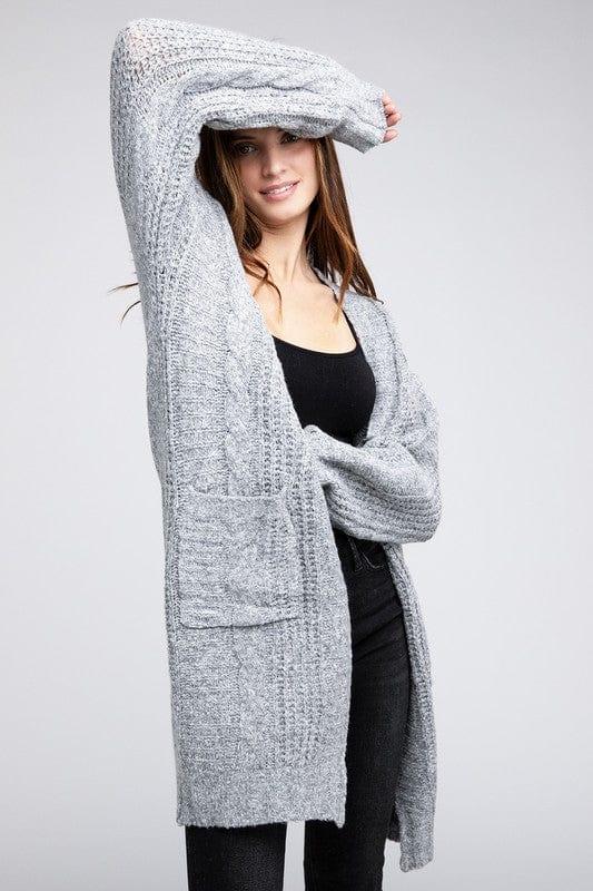 Twist Knitted Open Front Cardigan With Pockets GREY