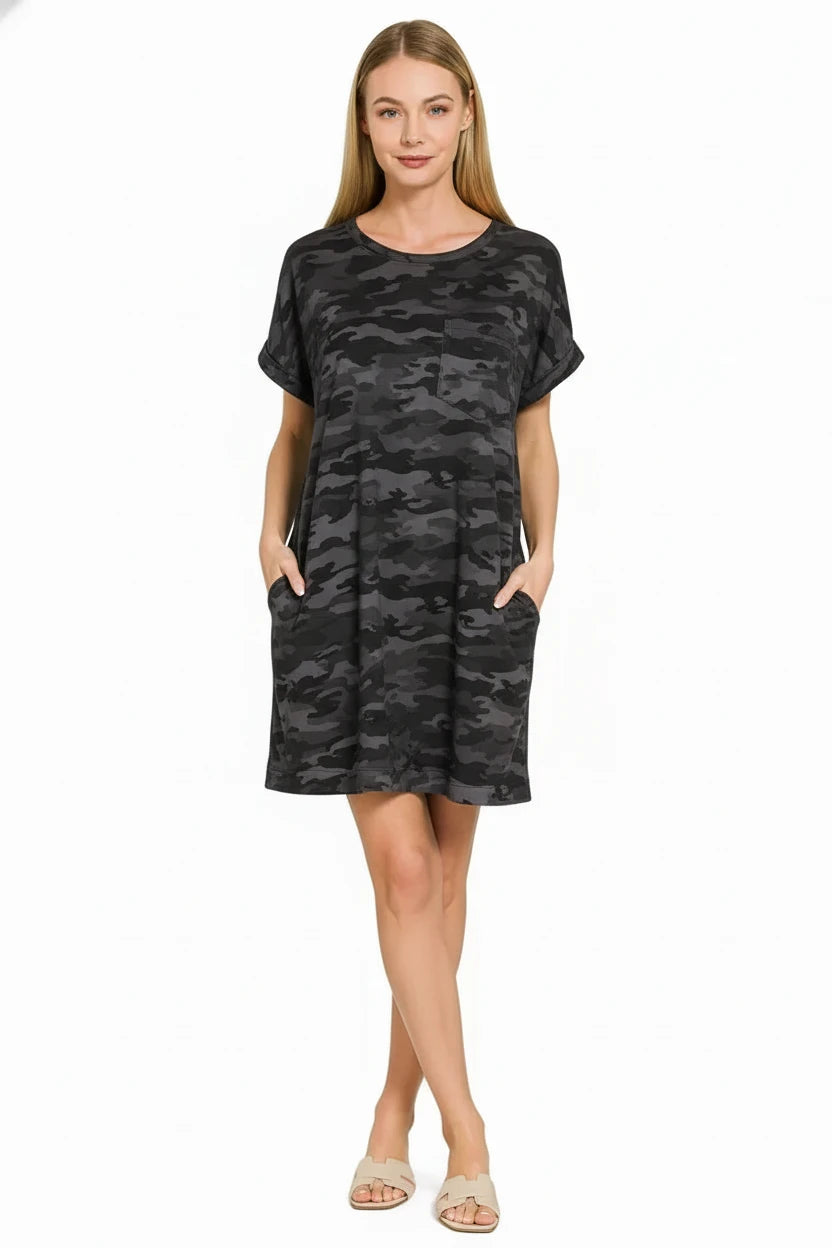 Zenana Premium Cotton Washed T-Shirt Dress in black and gray camo pattern
