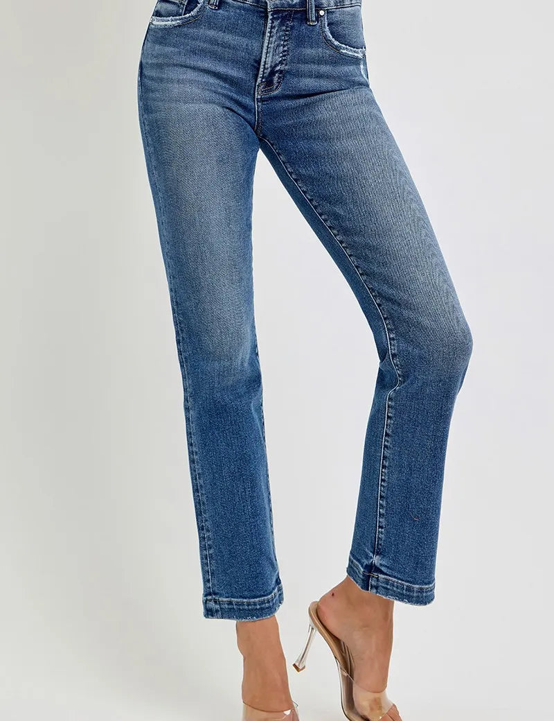 RISEN Full Size Tummy Control Elastic Band Mid Rise Straight Jeans | Jeans Daverri Fashions