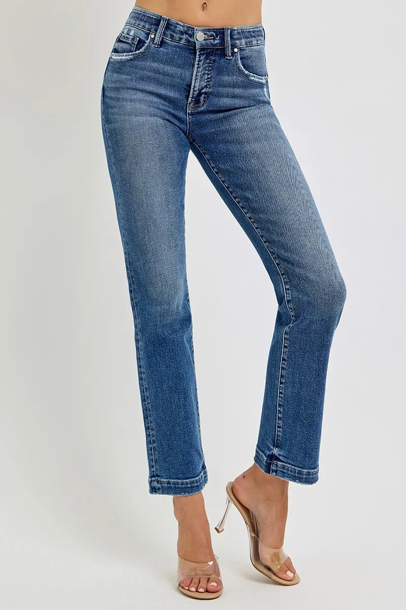 RISEN Full Size Tummy Control Elastic Band Mid Rise Straight Jeans Jeans