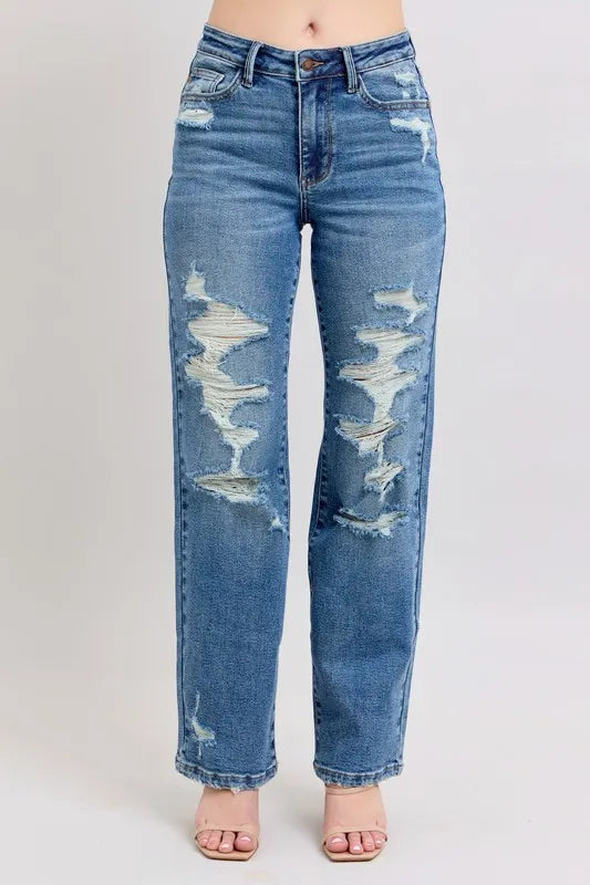 Judy Blue Full Size High Waist Heavy Destroy Straight Jeans Plus Size MD