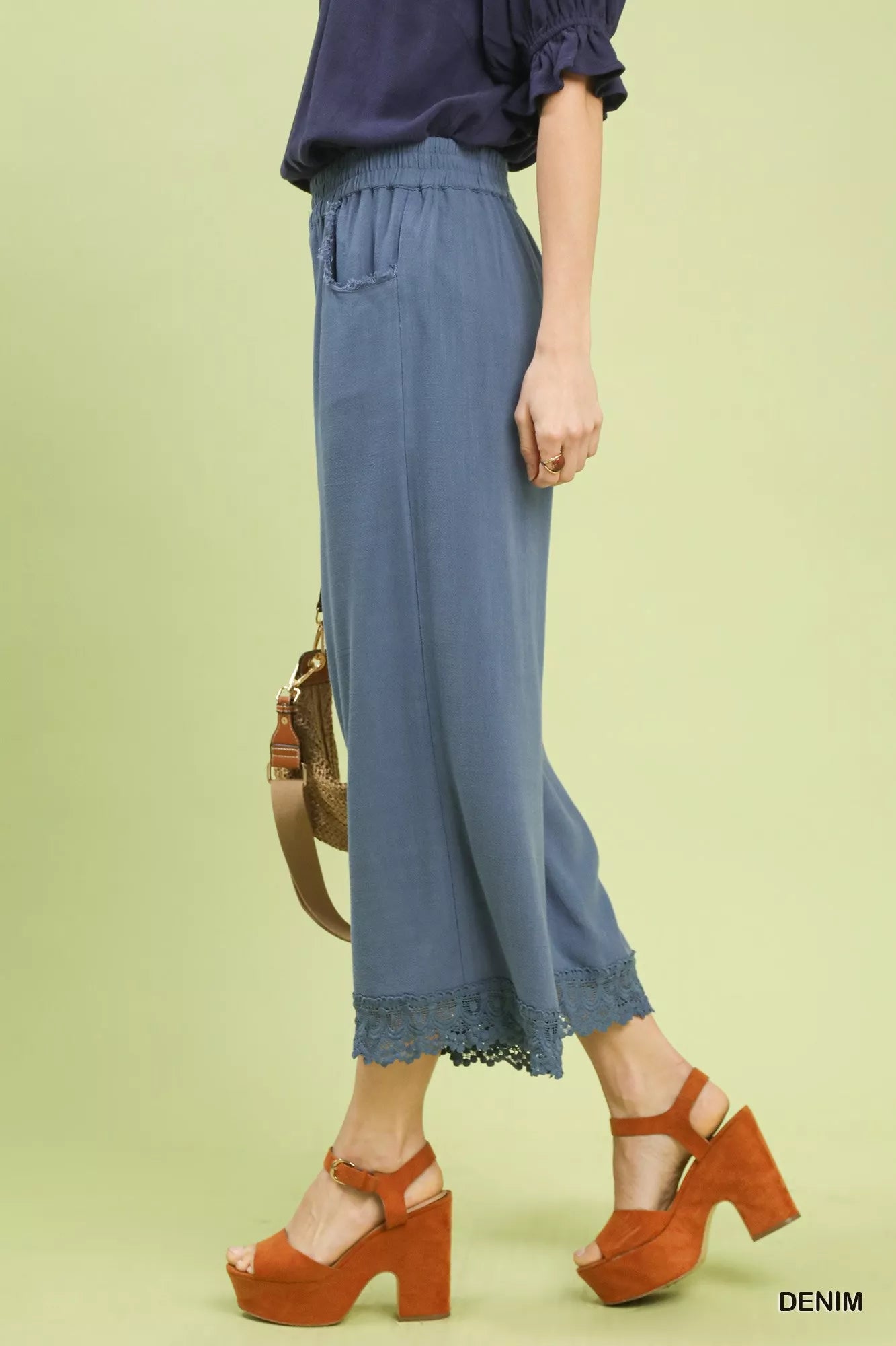 Umgee linen wide leg cropped pants in blue denim with lace trim