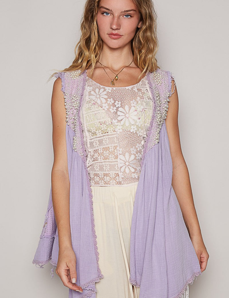 POL Embroidered Pearls Open Front Sleeveless Cardigan